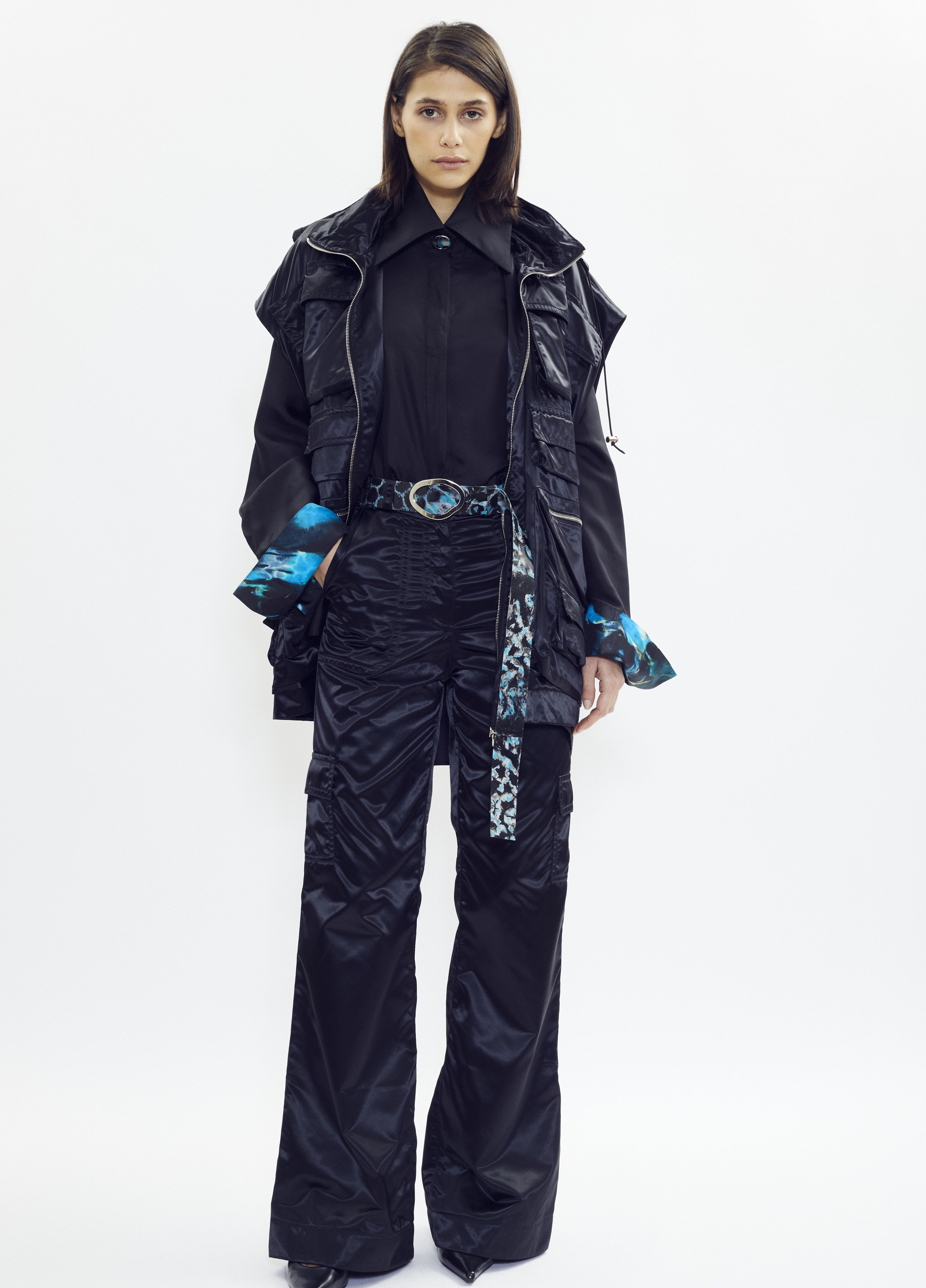 Black silk shirt with subtle signature print inside collar and cuffs, oversized fit